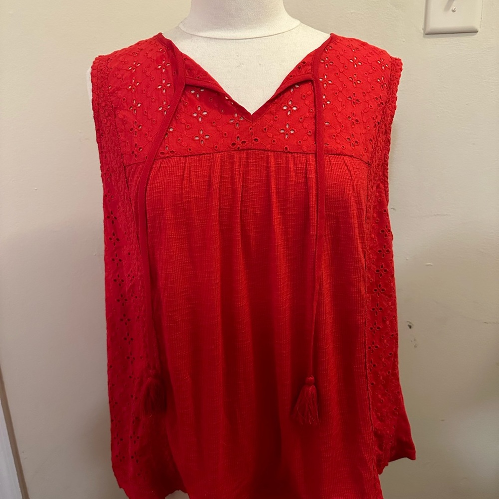 Red V-Neck Sleeveless Blouse with Tie Front